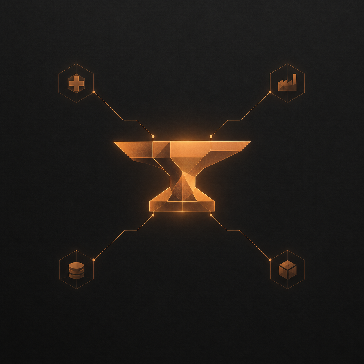 Abstract illustration of a central forge engine connecting to four industry nodes